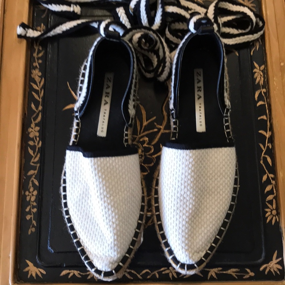 Zara Trafaulic Lace Up Espadrille Flats Sz 37